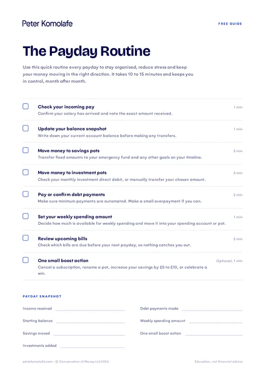 Page 1 of The Payday Routine: eight steps to do every payday, each with a tick box and how many minutes it takes
